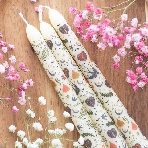 3 Midnight Print Taper Candles - Cream